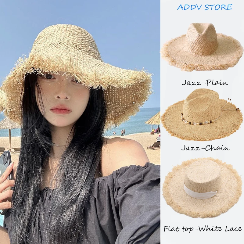 

INS Summer Natural Raffia Straw Cap Large Wide Brim Sun Hats for Women Panama Ladies Anit-uv Travel Holiday Beach Floppy Gorras