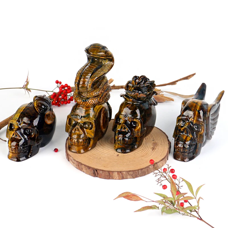 High quality crystal gemston carved tiger eye skulls snake for home decoration 
High quality crystal gemston carved tiger eye skulls snake for home decoration