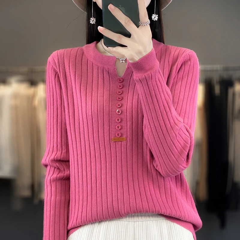

Autumn Elegant Fashion Vintage Pullover Women Trendy Solid Color Button Long Sleeve Stripe Slim Casual Sweater Basics Knit Tops