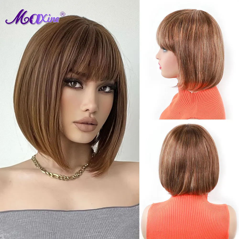 

Highlight Short Bob Wigs For Women Straight Human Hair Wigs With Bangs For Women Colored Brown Blonde Human Hair Short Bob Wigs