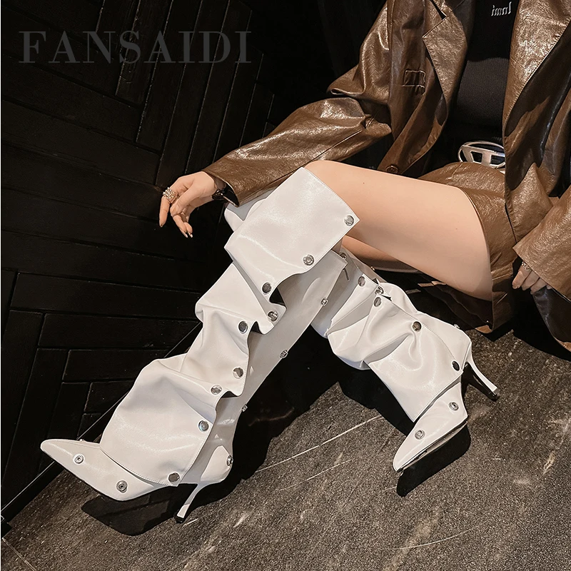 

FANSAIDI 2023 Winter Fashion Women Shoes Ladies Boots Consice New Stilettos Heels White Clear Heels Knee High Boots Big Size 40