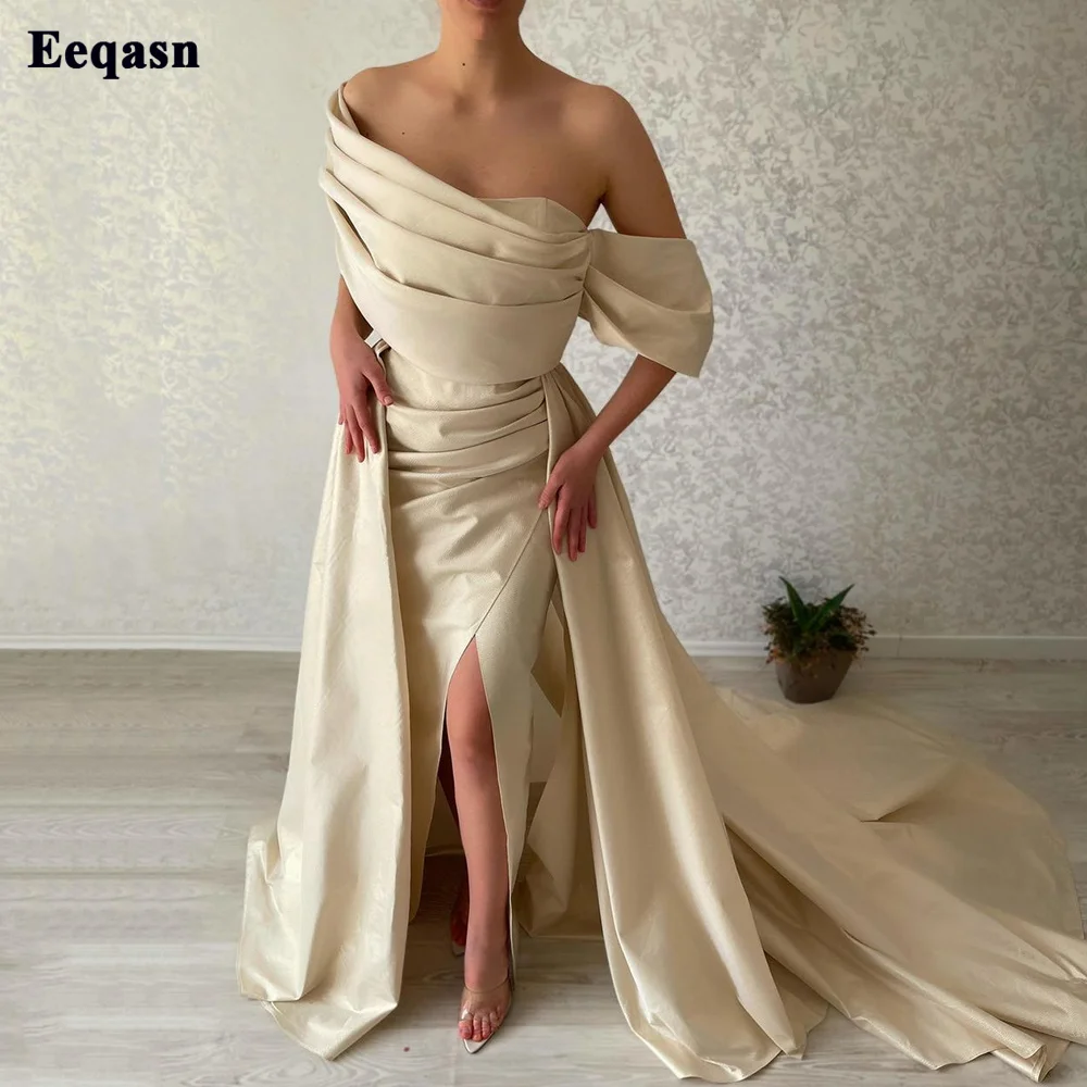 

Eeqasn Champagne Mermaid Evening Dresses Formal Women Gowns Off The Shoulder Pleats Slit Prom Gowns Wedding Event Party Dress