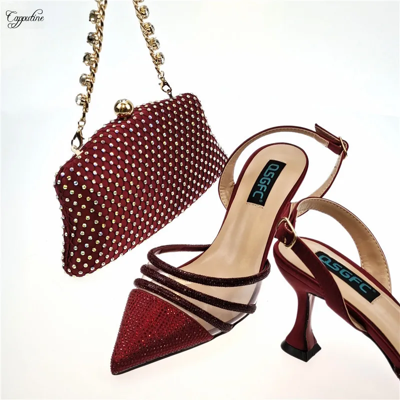 

Wine Woman Shoes And Bag Set Ladies Stone High Heels Pumps Match With Handbag Sandals Clutch Escarpins Femme Sandales QSL056