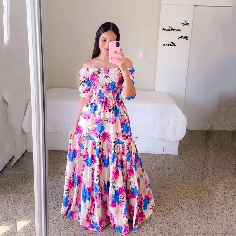 

Summer Women's One-shoulder Floral Print Skirt Bohemian Style Holiday Party Sundress Fashion Off-the-shoulder Long Print Dress