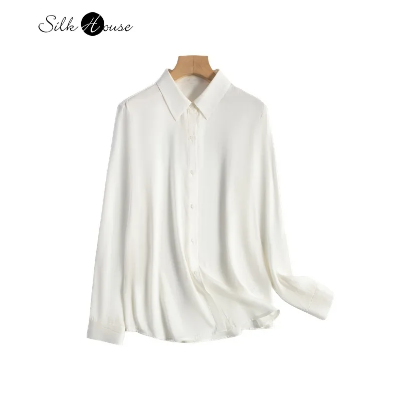 

2024 Women's Fashion Early Spring New 19MM Silk Elastic Double Qiao Satin White OL Style Versatile Commuter Long Sleeved Shirt