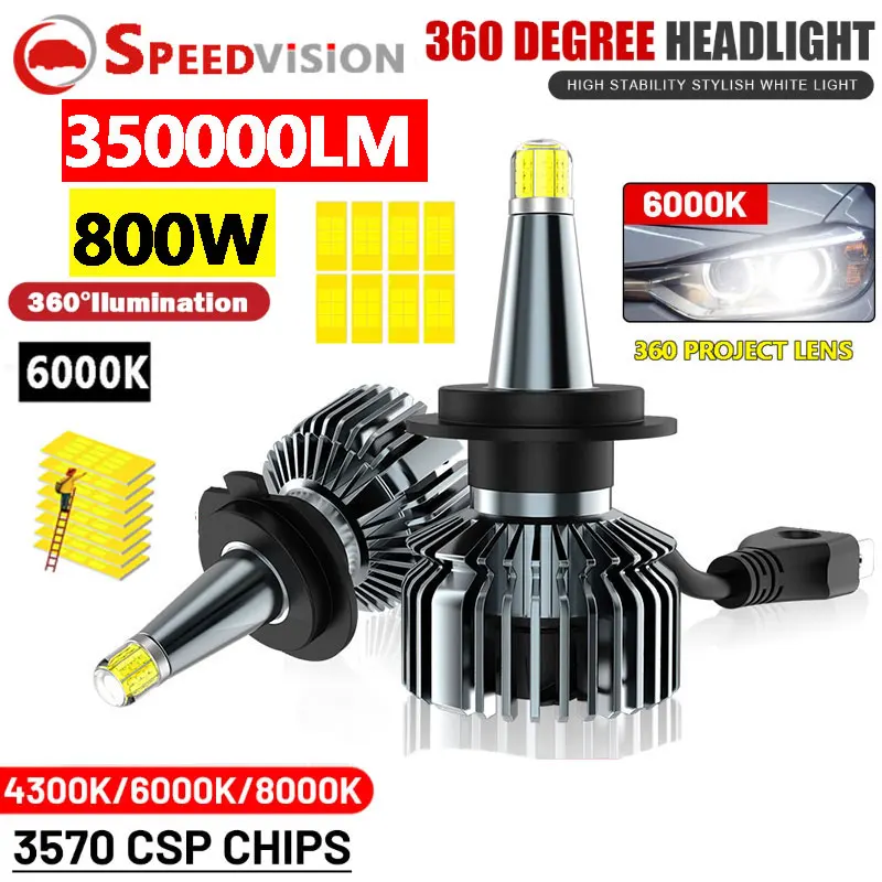 

3D 360 H7 Bi LED Headlights Canbus 350000LM 800W H11 H8 H1 HB3 9005 HB4 9006 9012 HIR2 H9 Fog Lamps Auto Turbo Mini Lamp Lens