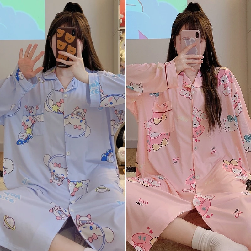 

Kawaii Sanrios Sweet Girl Nightdress Kuromi Cinnamoroll My Melody Anime Cartoon Spring Autumn Women Home Clothing Pajama Skirt