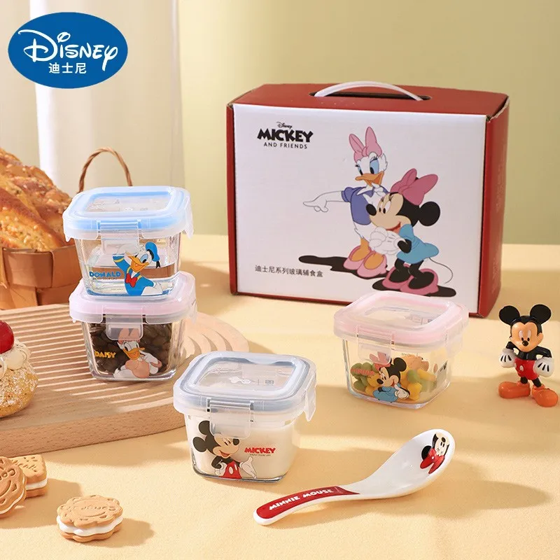 

Anime Disney Mickey Mouse Cartoon Glass Lunch Box With Lid Round Minnie Donald Duck Microwave Oven Soup Box Fruit Lunch Box Gift