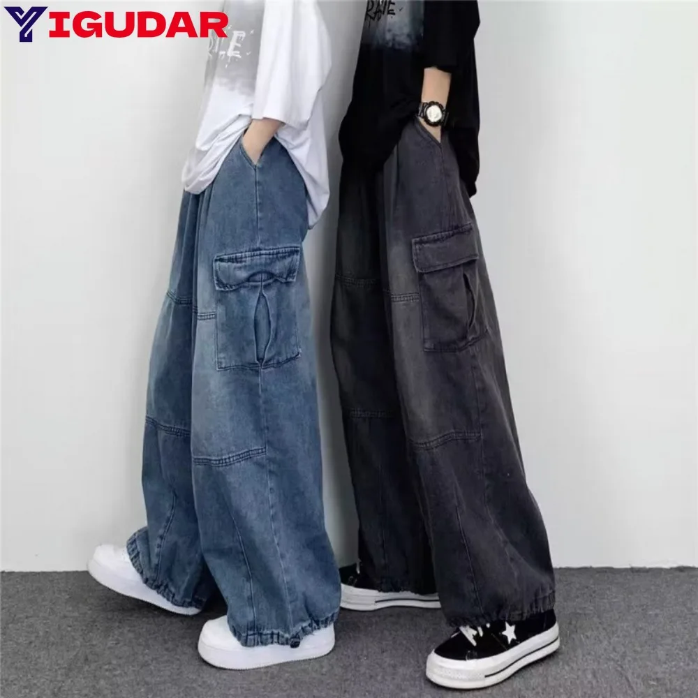 

Retro straight leg jeans men and women trend loose pockets wide legs American street style personalized casual workwear pants