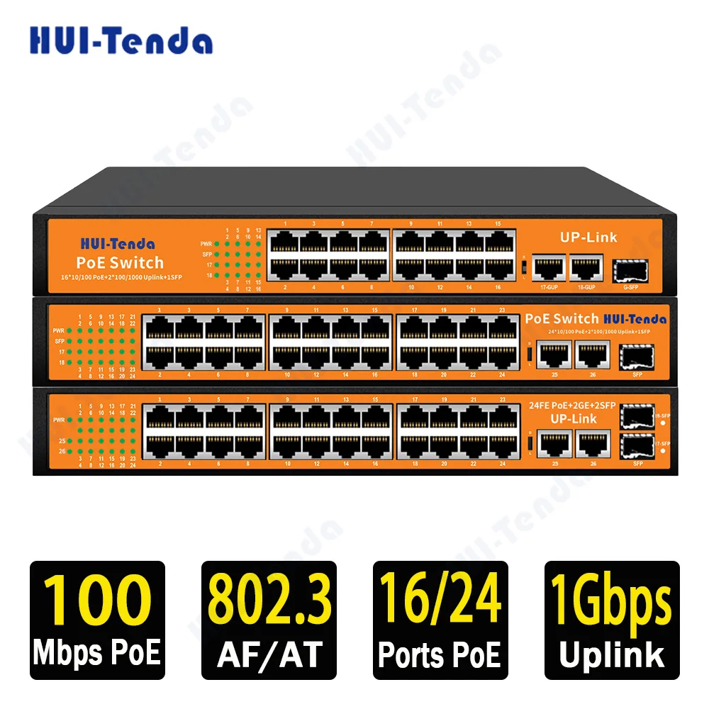 

HUI-Tenda 16/24*10/100Mbps AI POE Switch 2*1Gbps Uplink Port+SFP port Network Ethernet VLAN RJ45 Switch for IP camera/NVR