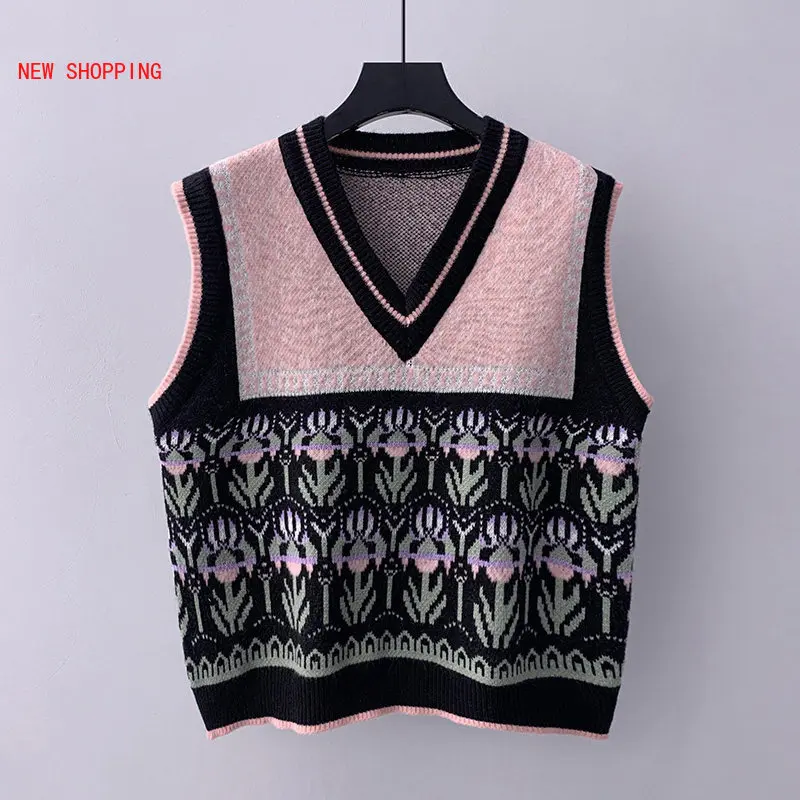 

Vintage Fashion Sweater Vest V Neck Vintage Knitted Vests Sleeveless Women Ugly Sweater Black Top Casual Pullover Jumper 2023