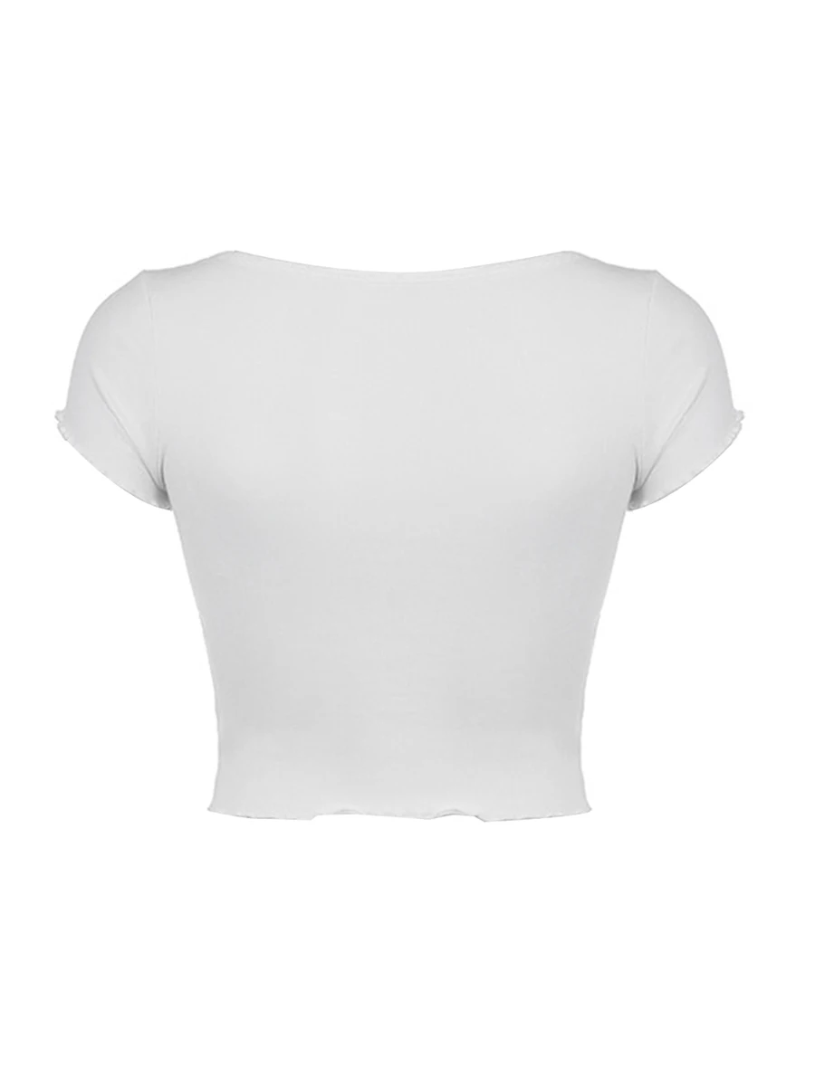 

Women s Solid Color Knitted Crop Top with Short Sleeves Square Neckline and Button Detailing - Perfect for Casual Parties and