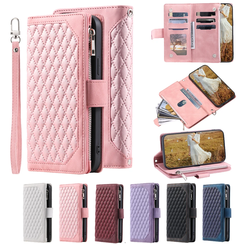 

For Oppo A94 5G Fashion Small Fragrance Zipper Wallet Leather Case Flip Cover Multi Card Slots Cover Folio with Wrist Strap