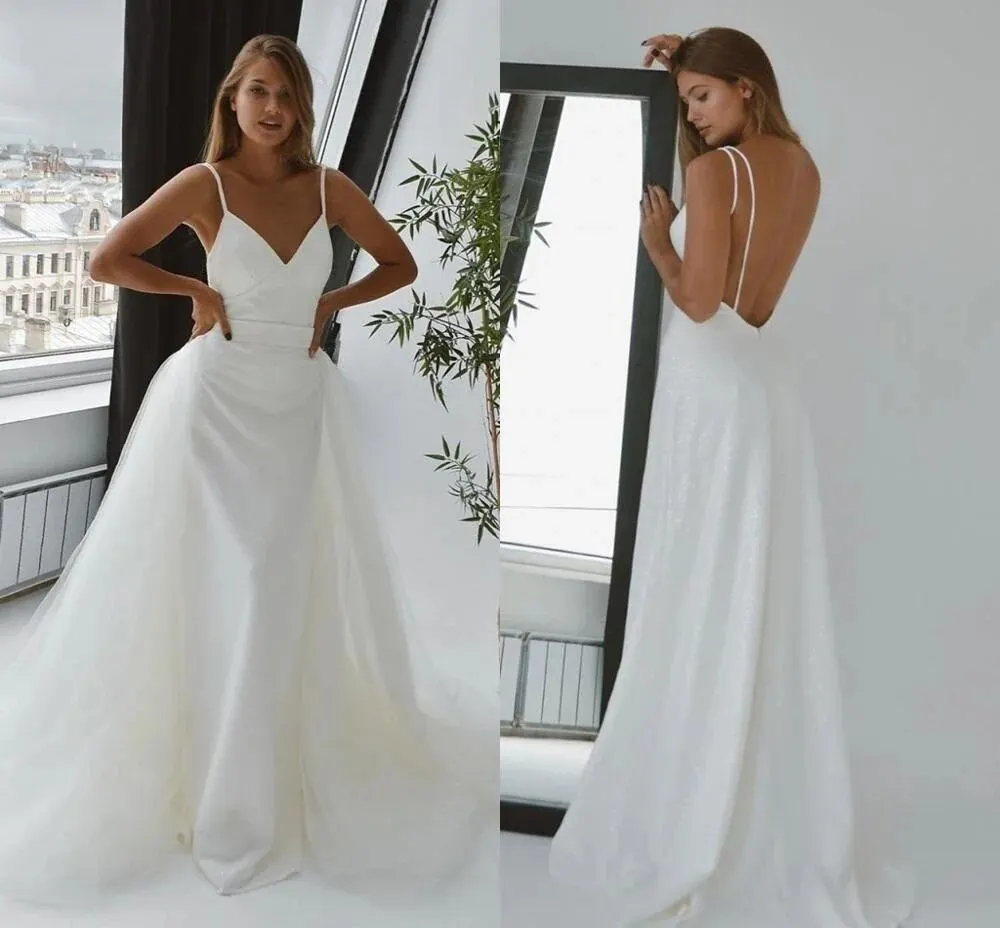 

Mermaid Wedding Dresses With Removable Train Glitter V-Neck Spaghetti Strap Simple Bridal Gown Elegant robe de soirée de mariage