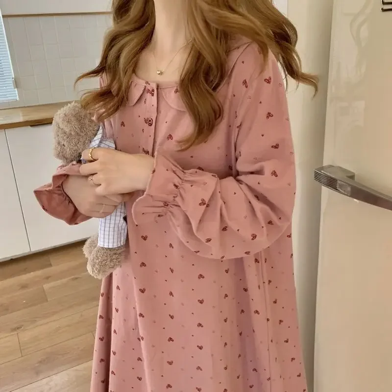 

Heart Print Sleepwear Womens Nightgown Korean Style Ruffles Night Dress One Piece Pajamas Spring Long Sleeve Home Wear 2024 New