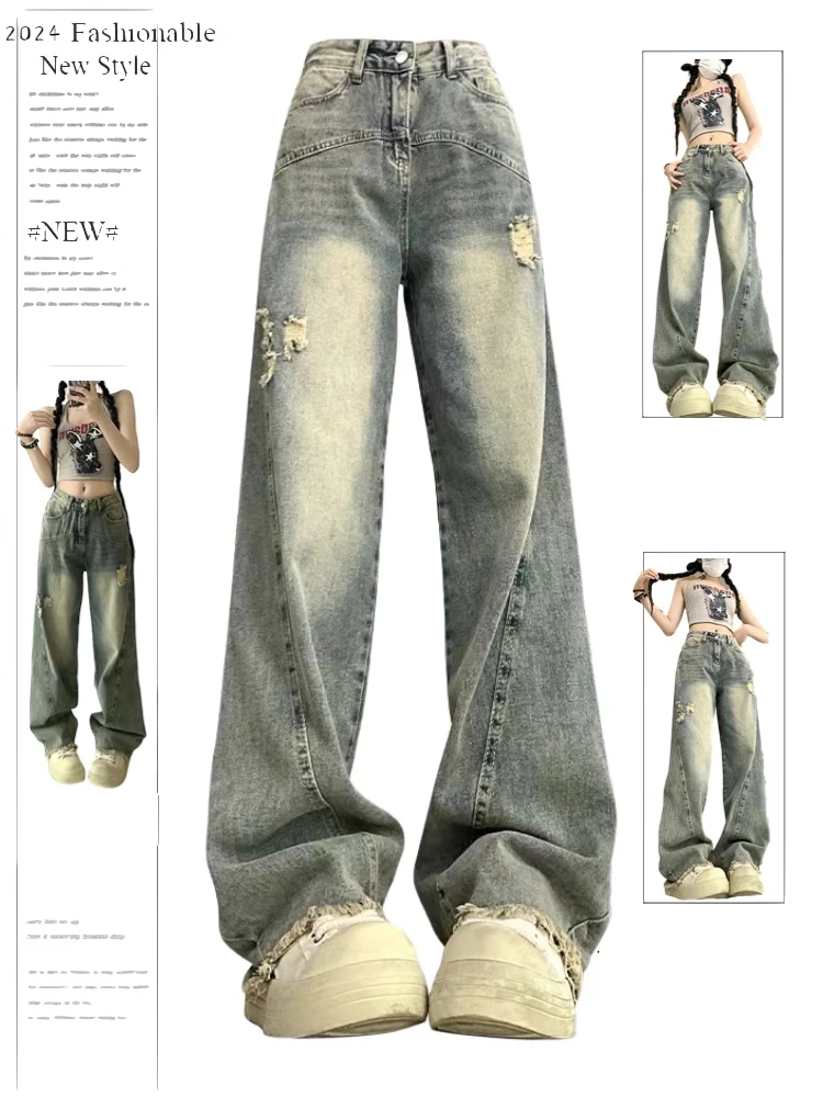 

Women's Blue Y2k Ripped Jeans Baggy Harajuku Vintage Aesthetic Denim Trousers High Waist Jean Pants 2000s Trashy Grunge Clothes