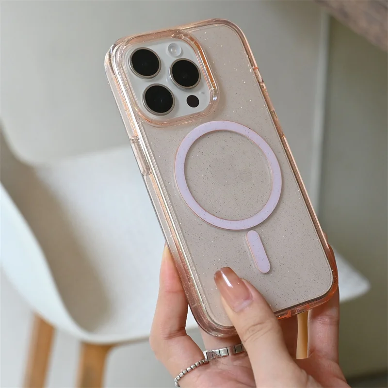 

Luxury Transparent Glitter Magsafe shockproof case For iphone 14 12 13pro 15 15pro 14Pro Max Clear Wireless charging back cover