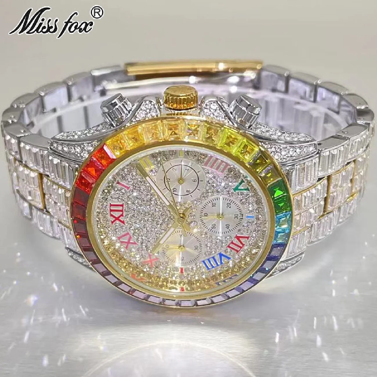 Luxury Brand MISSFOX Gold Watch For Mens Fashion Iced Out Waterproof Wristwatch Rainbow Diamond Jewelry Clocks Male Reloj Hombre
Luxury Brand MISSFOX Gold Watch For Mens Fashion Iced Out Waterproof Wristwatch Rainbow Diamond Jewelry Clocks Male Reloj Hombre