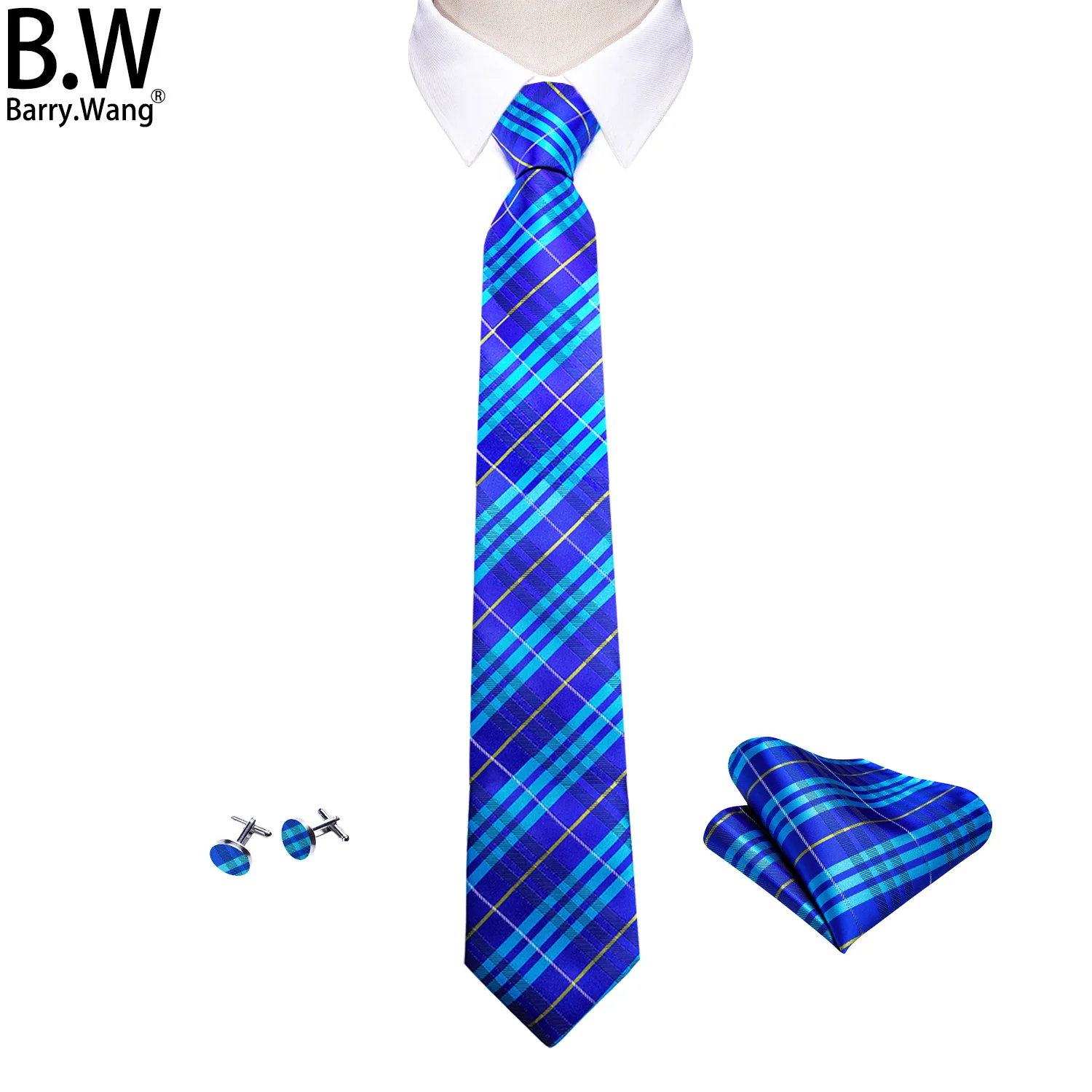 

Barry.Wang Luxury Plaid Silk Men Tie Hanky Cufflinks Set Checked Necktie for Male Formal Casual Wedding Business Party Events