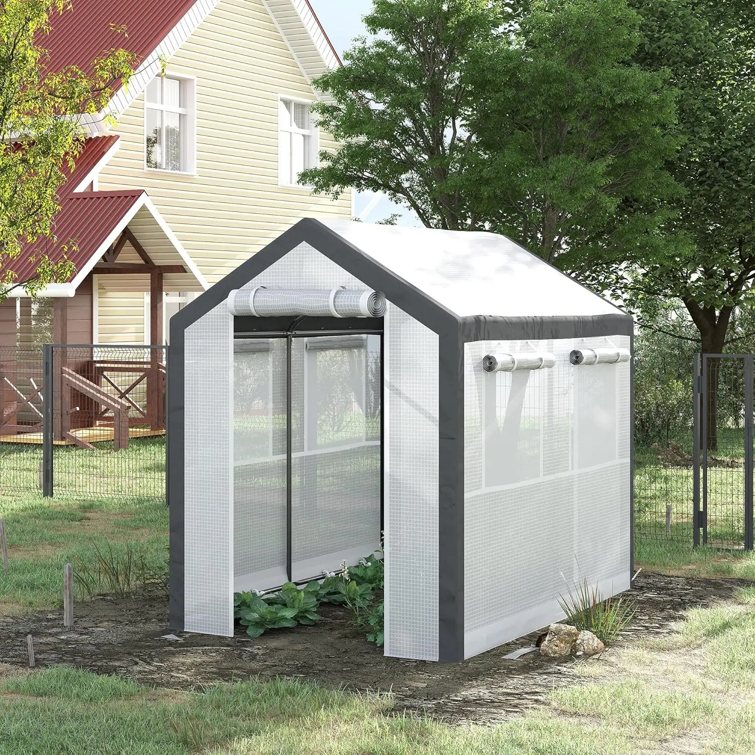 

8' x 6' x 7.5' Walk-in Greenhouse, Outdoor Gardening Canopy with 6 Roll-up Windows, 2 Zippered Doors & Weather Cover, White