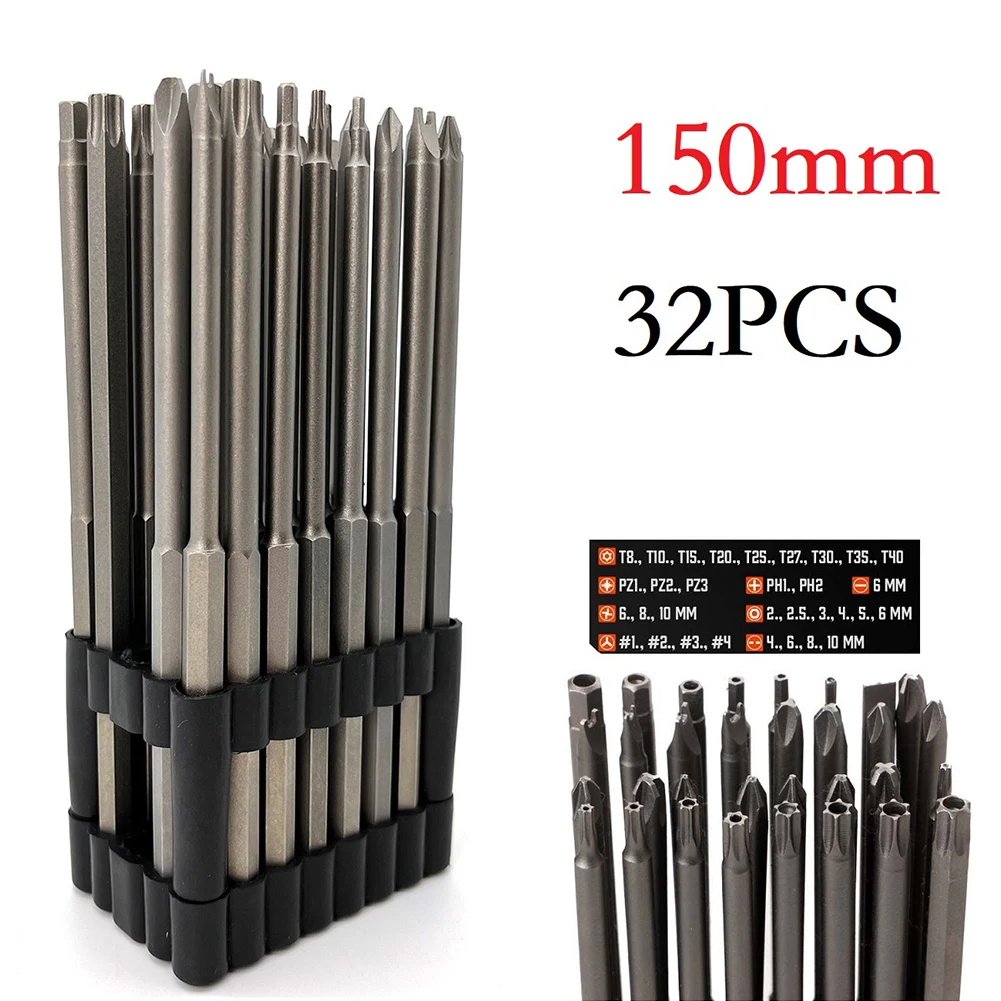 

32pcs 150mm Long Torx Tamper Proof Spanner Screwdriver Drill Bit PH1 PH2 PZ1 PZ2 Nutdrivers Workshop Equipment Hand Tools