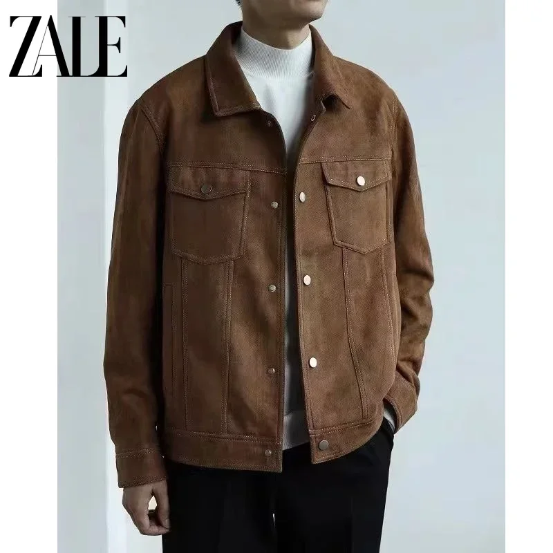 

ZALE New 2023 Men Suede Jacket Autumn Men Lapel Casual Jacket Coat Slim Fit Classic Outwear Single-breasted Tops Cropped Jacket