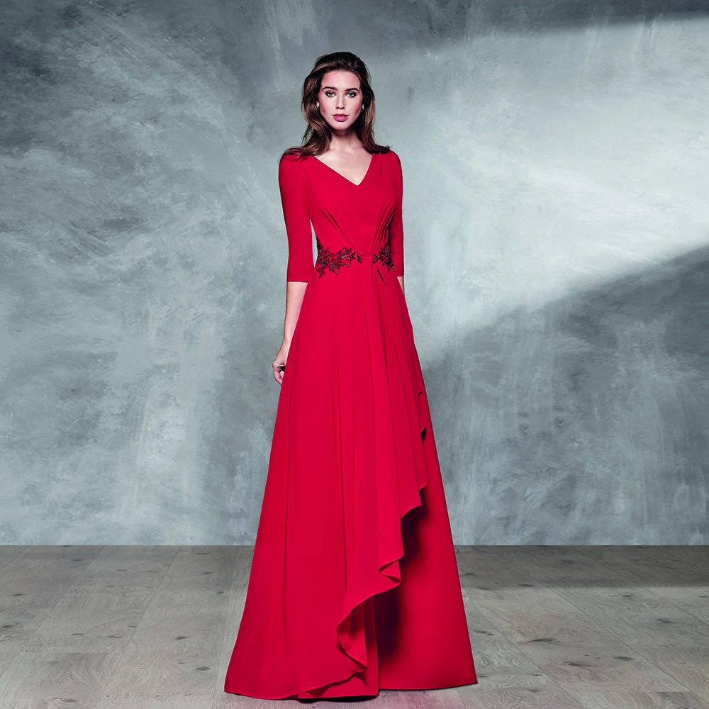 Elegant Red Mother of the Bride Dresses V Neck 3/4 Sleeves Wedding Party Gowns Appliques Floor Length A-Line 2023 فساتين السهرة
Elegant Red Mother of the Bride Dresses V Neck 3/4 Sleeves Wedding Party Gowns Appliques Floor Length A-Line 2023 فساتين السهرة