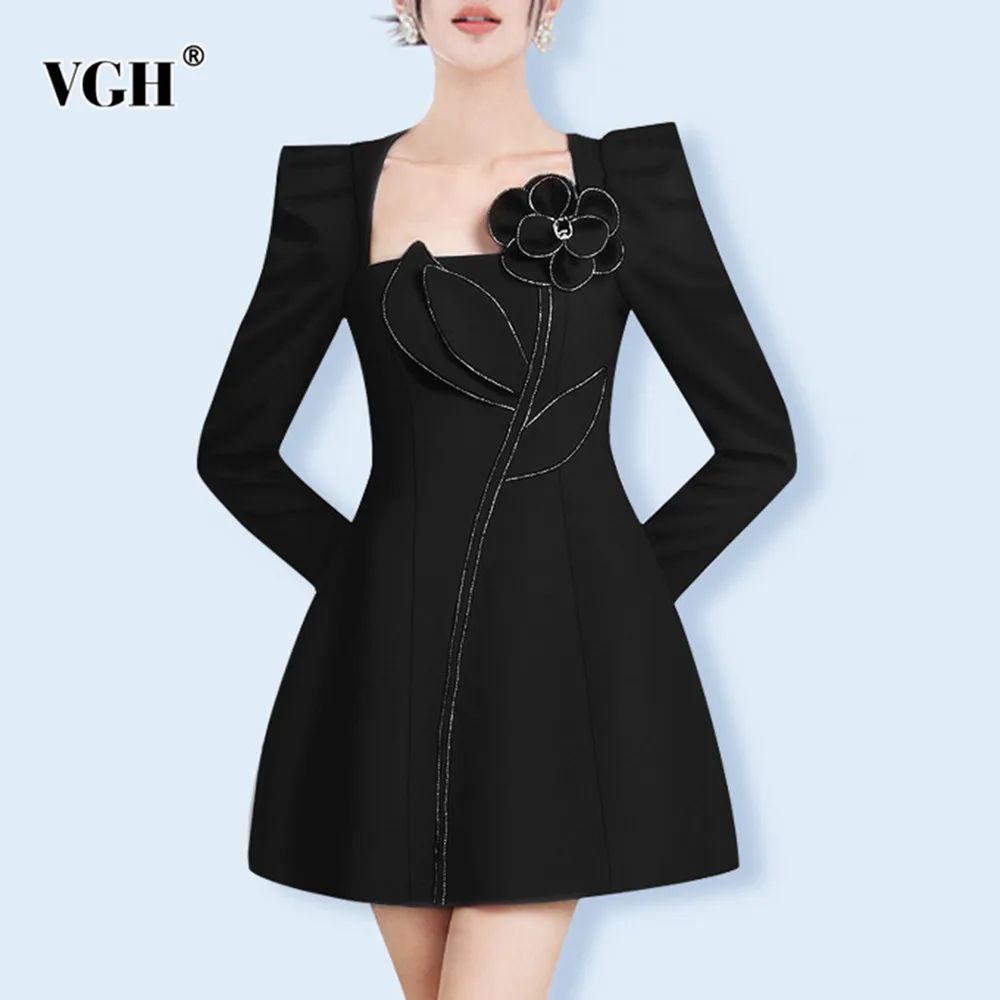 

VGH Hit Color Patchwork Appliques Slimming Dress For Women Square Collar Long Sleeve High Waist A Line Short Dresses Female New