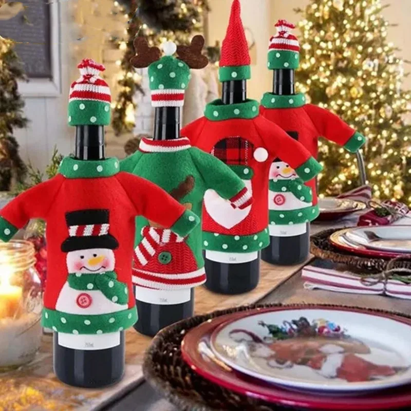 

Christmas Wine Bottle Decor Set Santa Claus Snowman Deer Bottle Cover Clothes Kitchen Decoration for New Year Xmas Dinner Party