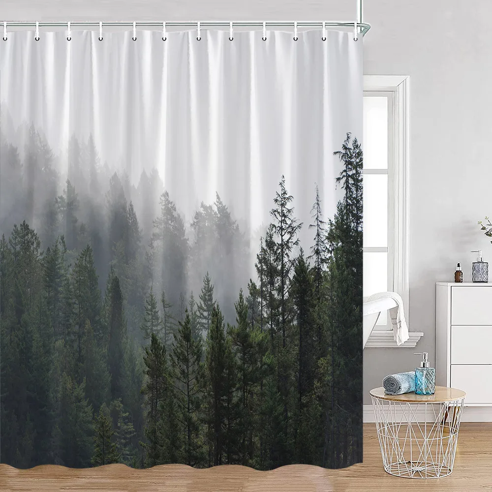 

Misty Pine Forest Shower Curtains Rustic Nature Forest Green Pine Trees Fantasy Woodland Bath Curtain Modern Home Decor for Bath