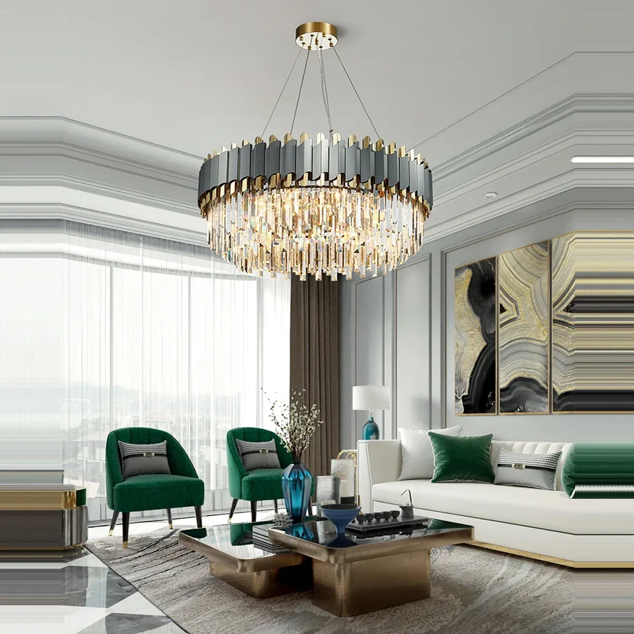 

LED Art Deco Black Golden Stainless Steel Crystal Chandelier Hanging Lamp Lighting Lustre Chandelier Lighting Fixture For Foyer