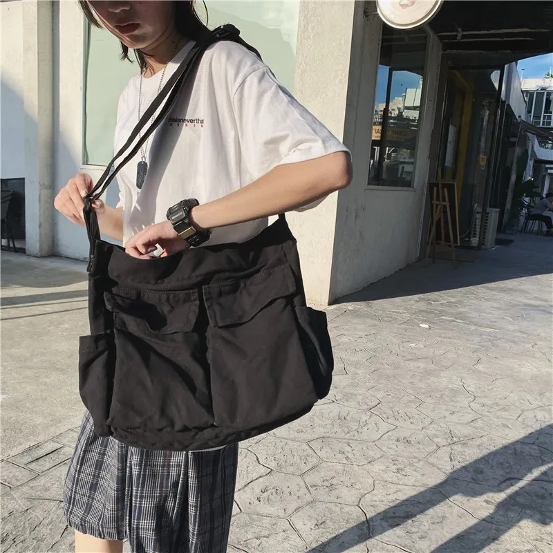 

Дизайнерские Сумки-мессенджеры для женщин, школьная сумка на плечо, однотонные вместительные повседневные холщовые дамские сумочки на ремне