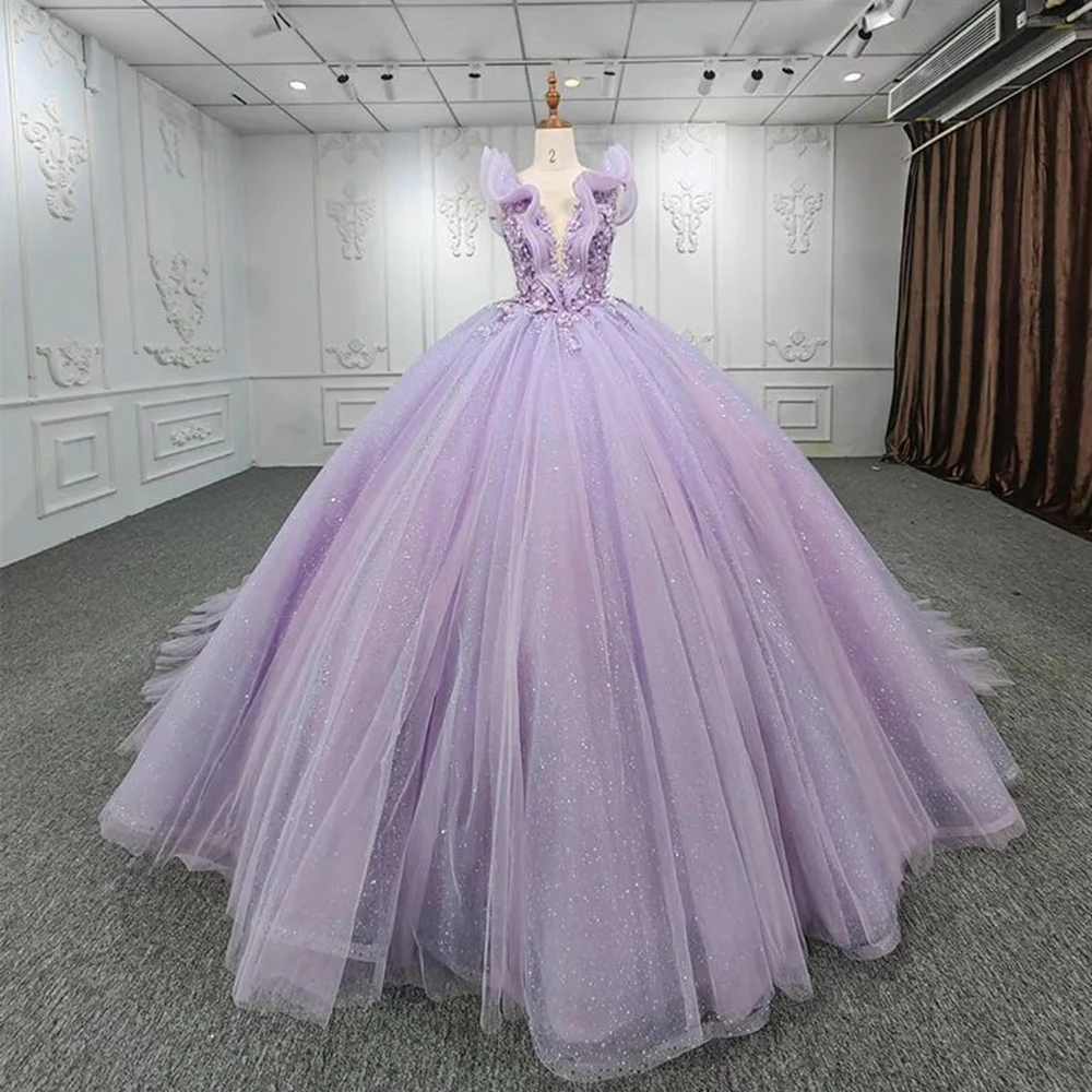 

Fashion 3D Flowers Beaded Prom Ball Gowns Pretty Ruffles Organza Long Pageant Party Dress With Train Wedding Bridal Dresses