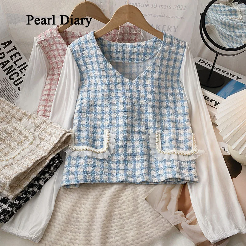 Pearl Diary Spring Women Long Sleeve Chiffon Patchwork T-Shirt Fashion V-Neck Sweet Tops Women Pearl Lace Appliques Slim Thin To
Pearl Diary Spring Women Long Sleeve Chiffon Patchwork T-Shirt Fashion V-Neck Sweet Tops Women Pearl Lace Appliques Slim Thin To