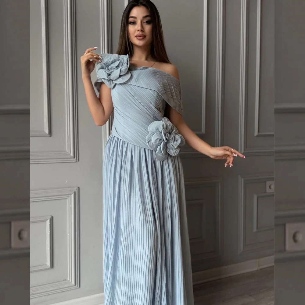 

Jersey Flower Draped Pleat Formal Evening A-line Off-the-shoulder Bespoke Occasion Gown