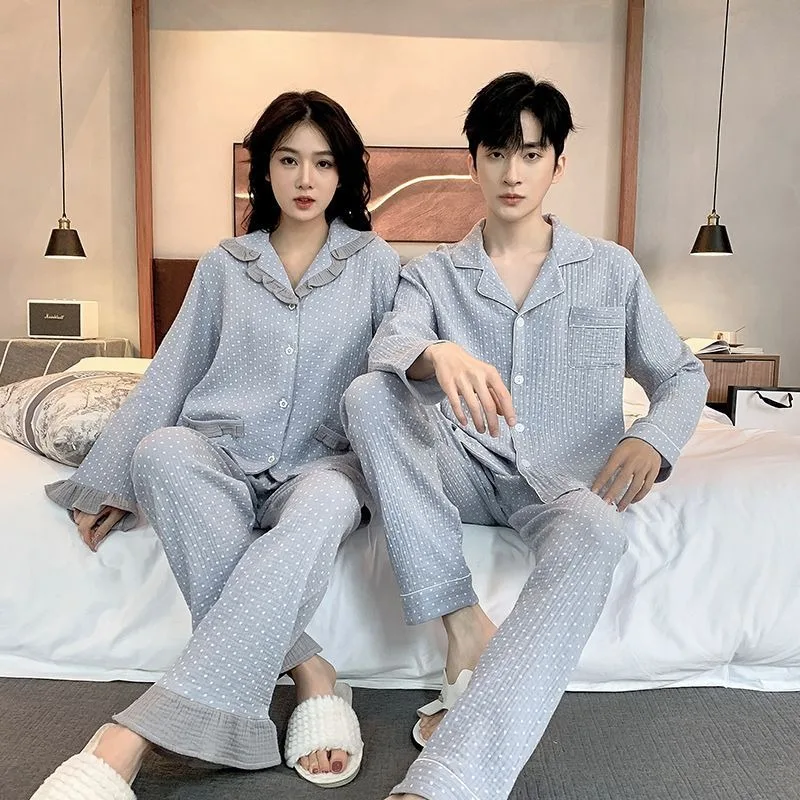 

2023 New Pajamas for Men Women Spring Summer Pure Cotton Sleepwear Thin Wave Dot Printed Long Sleeved Pants Set Couple Homewear