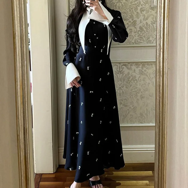 

New Elegant Floral Print French Style Dress 2024 Women Polo Collar Waist Loose A-line Dress Luxury Long Sleeve Pleat Long Dress