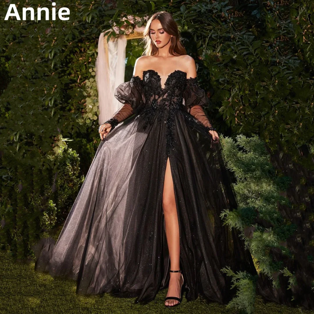 

Annie Glitter Embroidery Prom Dresses Tulle A-line Graduation Prom Dress Black Lace Sleeves Party Dresses 2024 Vestidos De Noche