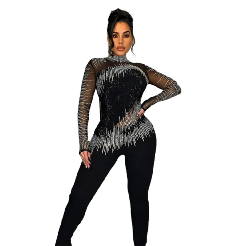 

Fashion Hot Diamonds Decoration Jumpsuit Women Slim Pencil Pants See-through Mesh Long Sleeve Rompers Female Trend Streetwear 24