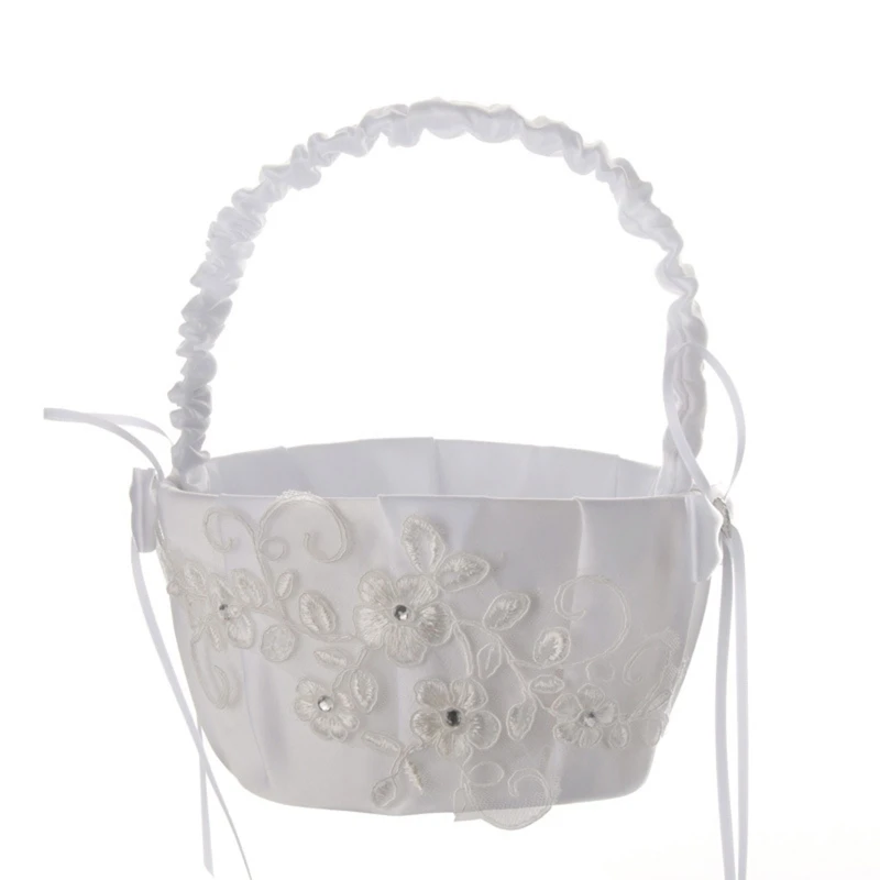 

Flower Basket Suitable for Wedding Ceremony Small Satin Flower Girl Baskets with Handle Lace Flowers and Bows White