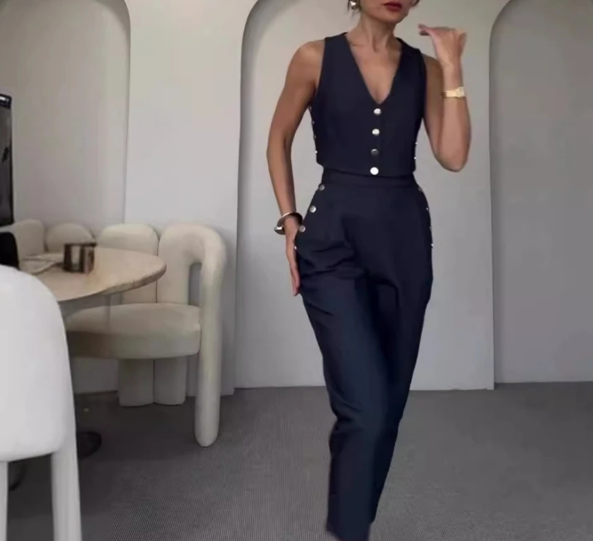 

Women Commuter Suits 2024 Spring/summer Latest Urban Style Solid Color Buckle Design Vest Sleeveless Casual Pants Two Piece Set