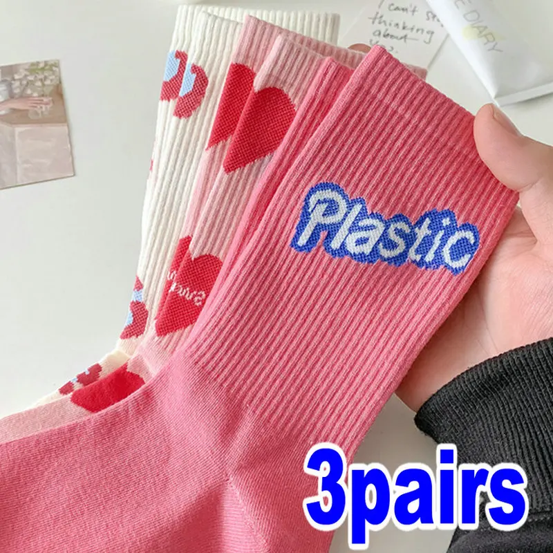 

1/3pairs Autumn Winter Pink Sweet Love Letters Cotton Casual Middle Tube Socks Versatile Heart Strawberry Socks Trendy Long Sock