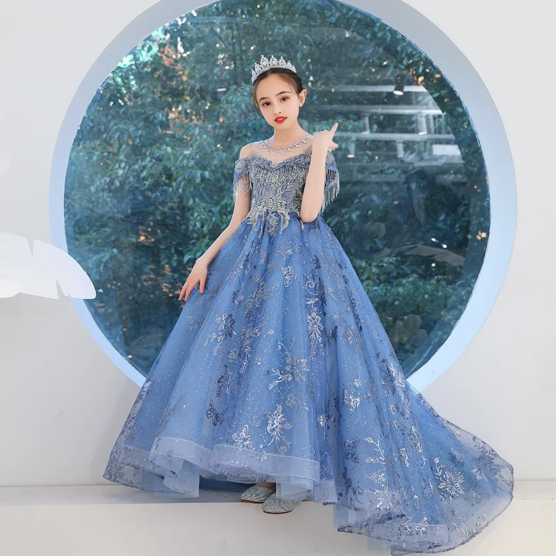 

Flower Girls Embroidered Long Evening Gowns Children Formal Occasion Dress for Weddings Pageant Luxury Sweep Train Dresses Kids