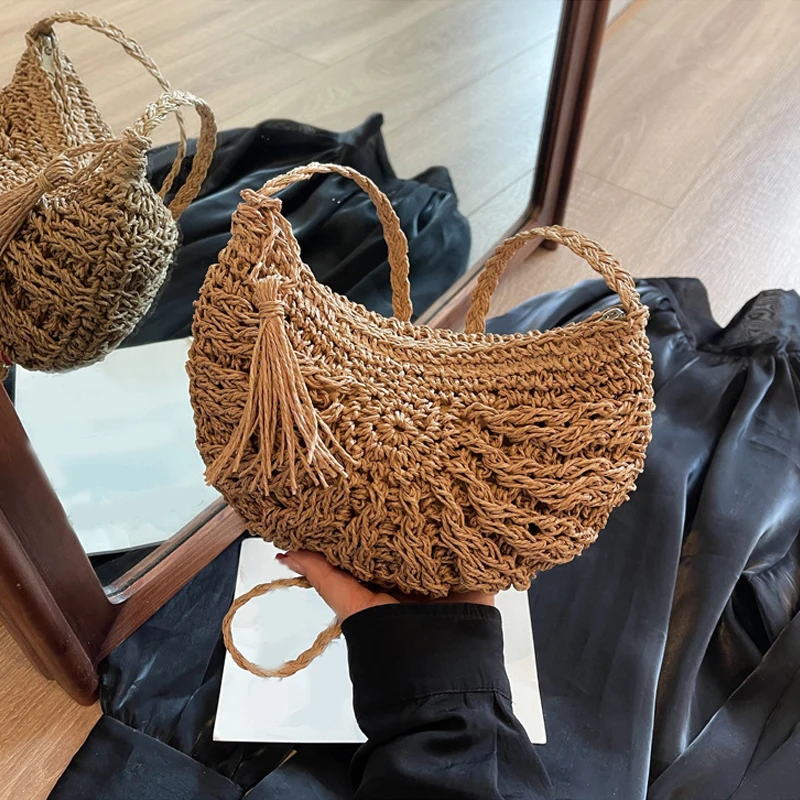 Half Round Rattan Beach Bag - Woven Crossbody with Zipper Closure 17 S9ca2988110854a2b9ca5dbe3e6302be4H