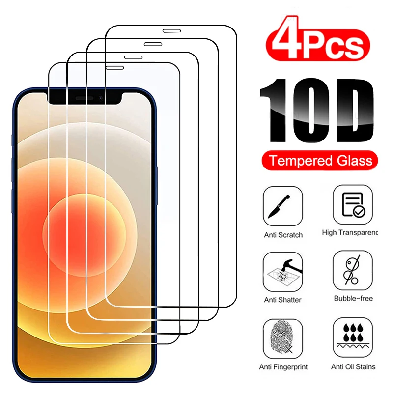 

4PCS Full Cover Protective Glass For iPhone 11 12 13 14 15 Pro Max Screen Protector On iPhone X XR Xs 6 6S 7 8 Plus 13 Mini