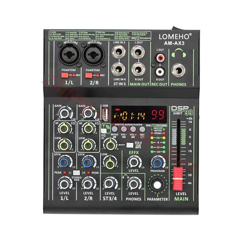 4 channel small mixer mobile phone computer live recording independent +48V illusion mixer, 99 kinds of DSP effect
4 channel small mixer mobile phone computer live recording independent +48V illusion mixer, 99 kinds of DSP effect