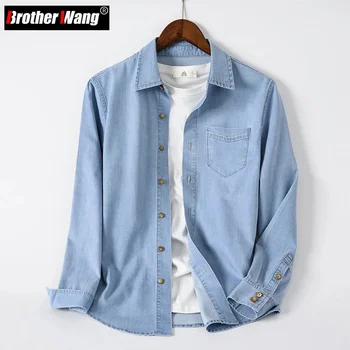 Camisa Jeans Masculina de Manga Longa: Um Essencial Estiloso para Qualquer Guarda-roupa 14 Men's Spring Casual Thin Light Blue Denim Shirt Modal Fabric Long Sleeve Jeans Black Dark Male Brand Clothes
