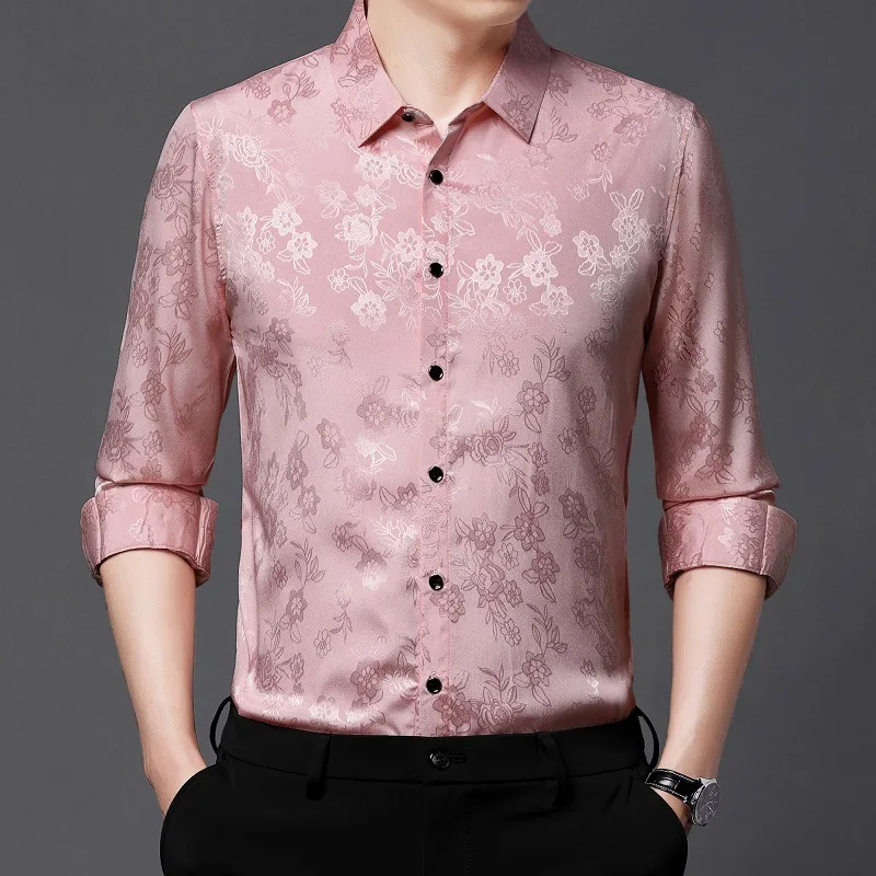 Flower Pink Satin Dress Shirts For Mens Wedding Party Smooth Silk Clothes Men Fashion Beige Red Blouse Large Size Social Wear
Flower Pink Satin Dress Shirts For Mens Wedding Party Smooth Silk Clothes Men Fashion Beige Red Blouse Large Size Social Wear