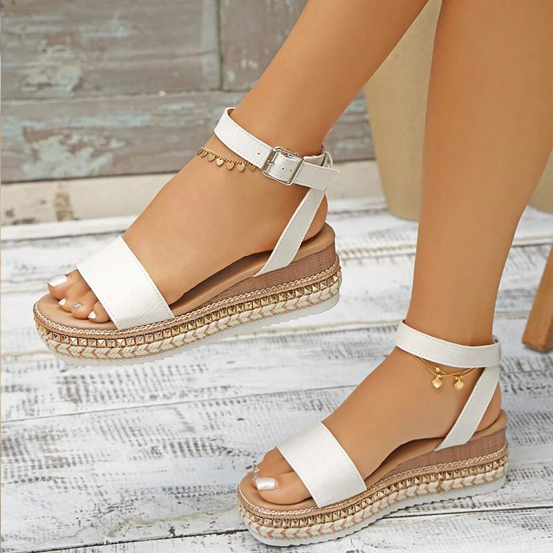 

Fashionable Outdoors Comfy Women Artificial Leather Buckle Detail Espadrille Wedge Sandals Ankle Strap Sandals Leisure Shoes