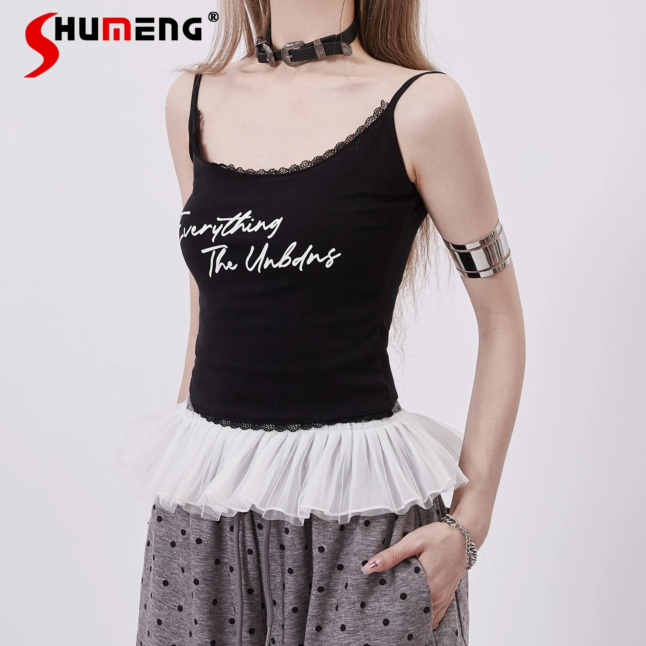 

Sweet Women's Summer Camisole Tops 2024 New Hot Girl Slimming Sleeveless Letter Printed Lace Stitching Sling Tanks Top Female